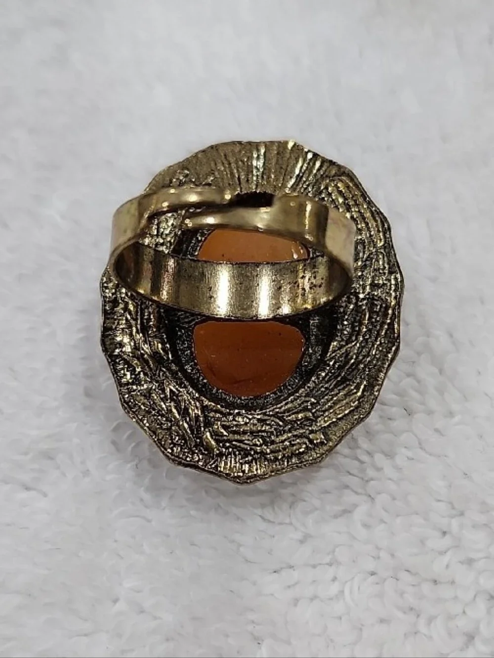 Vintage-Inspired Gold and Amber Statement Ring with Faux Pearl Halo